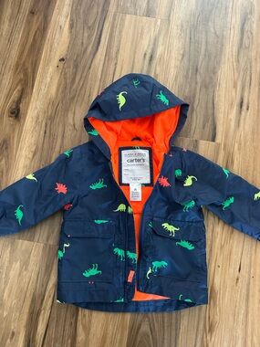 Carter's Navy Rain Jacket with Neon Dinosaur Print and Orange Lining